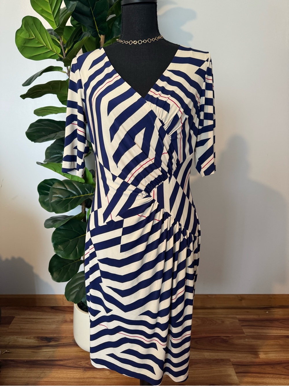 Donna Ricco Navy, White and Pink Striped Wrap-Style Midi Dress